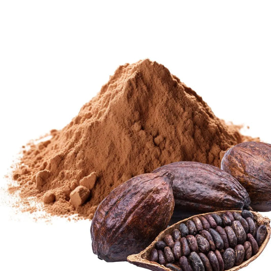 Pile of cacao powder alongside whole cacao pods and exposed cacao beans, emphasizing the rich, dark brown colors and texture of the powder, isolated on a white background.