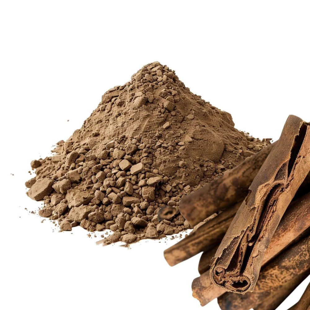 Heaped pile of Chanca Piedra powder with a green Chanca Piedra plant branch on a white background - WowNutri