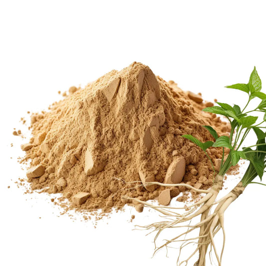 Heaped Siberian ginseng powder alongside its roots and green leaves on a clean white background, for WowNutri