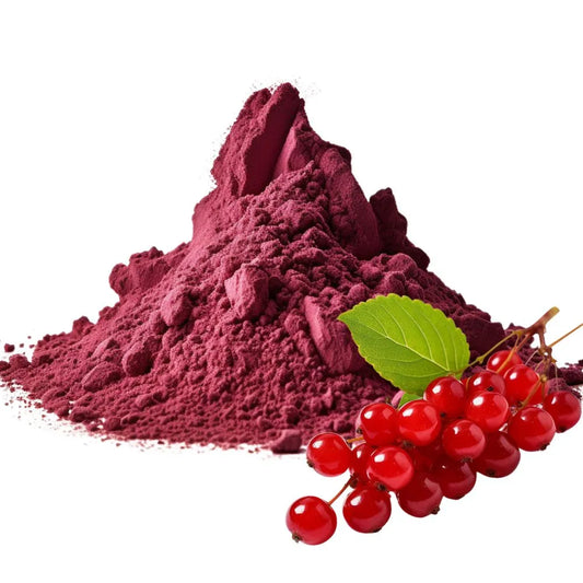 Pile of rich, red Schisandra berry powder next to fresh Schisandra berries with a green leaf on a white background - WowNutri