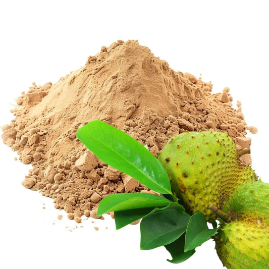 Heaped pile of Soursop leaf powder with fresh Soursop fruit and green leaves on a white background - WowNutri