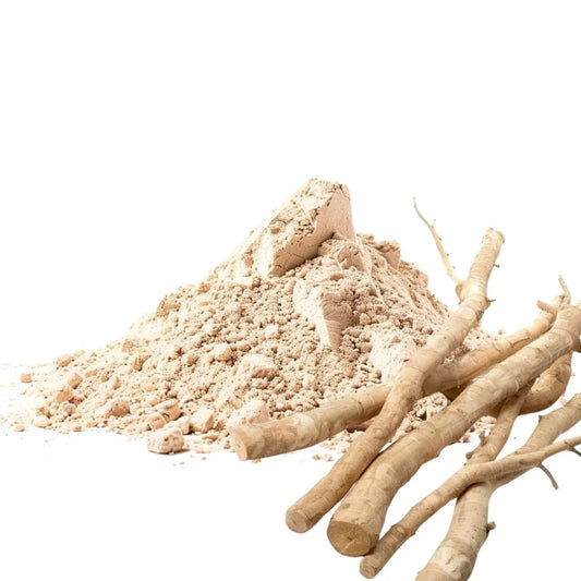 Heaped pile of Tongkat Ali root powder with several whole Tongkat Ali roots on a white background, highlighting natural herbal supplements - WowNutri