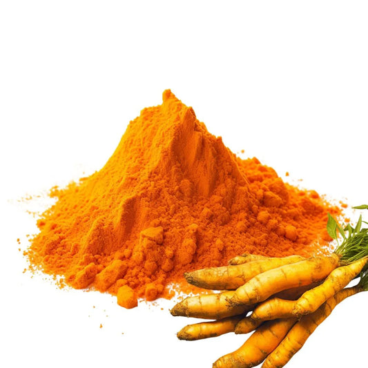 Heaped pile of vibrant yellow Turmeric powder beside fresh Turmeric roots on a white background - WowNutri